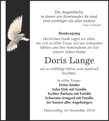 Traueranzeige von Doris Lange von WVG - Wochenspiegel Bitterfeld