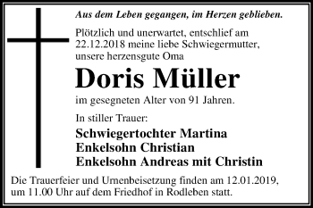 Traueranzeige von Doris Müller von WVG - Wochenspiegel Dessau / Köthen