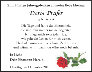 Traueranzeige von Doris Prüfer von Super Sonntag Zeitz