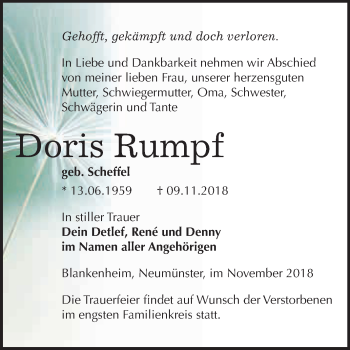 Traueranzeige von Doris Rumpf von Super Sonntag SGH Mansf. Land