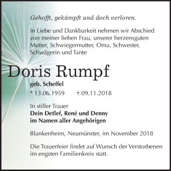 Traueranzeige von Doris Rumpf von Mitteldeutsche Zeitung Sangerhausen