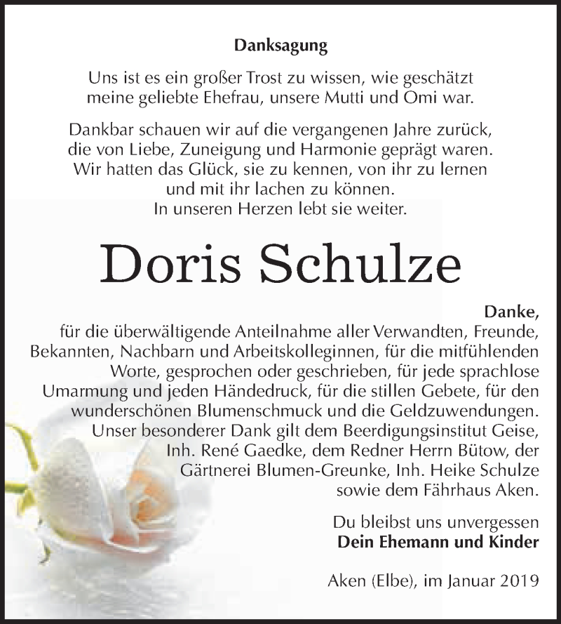  Traueranzeige für Doris Schulze vom 05.01.2019 aus WVG - Wochenspiegel Dessau / Köthen