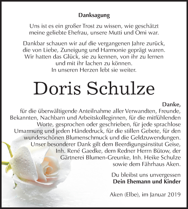  Traueranzeige für Doris Schulze vom 05.01.2019 aus Mitteldeutsche Zeitung Köthen