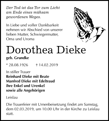 Traueranzeige von Dorothea Dieke von Mitteldeutsche Zeitung