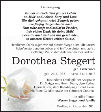 Traueranzeige von Dorothea Stegert von WVG - Wochenspiegel Dessau / Köthen