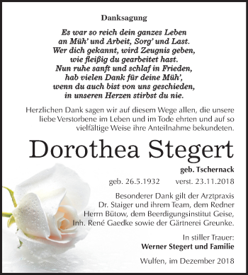 Traueranzeige von Dorothea Stegert von Mitteldeutsche Zeitung Köthen