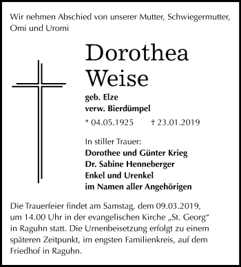 Traueranzeige von Dorothea Weise von Mitteldeutsche Zeitung Bitterfeld