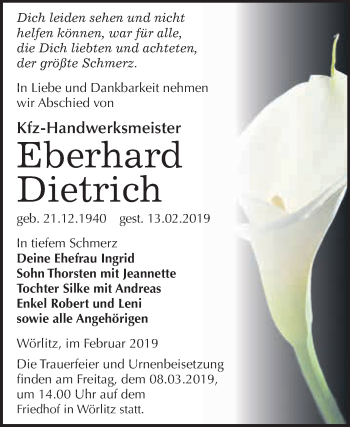 Traueranzeige von Eberhard Dietrich von WVG - Wochenspiegel Wittenberg