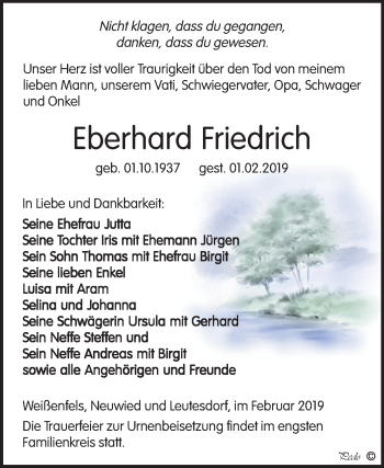 Traueranzeige von Eberhard Friedrich von Mitteldeutsche Zeitung Weißenfels