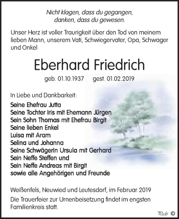 Traueranzeige von Eberhard Friedrich von WVG - Wochenspiegel NMB / WSF / ZTZ