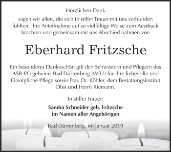 Traueranzeige von Eberhard Fritzsche von WVG - Wochenspiegel Merseburg