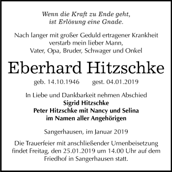 Traueranzeige von Eberhard Hitzschke von Super Sonntag SGH Mansf. Land