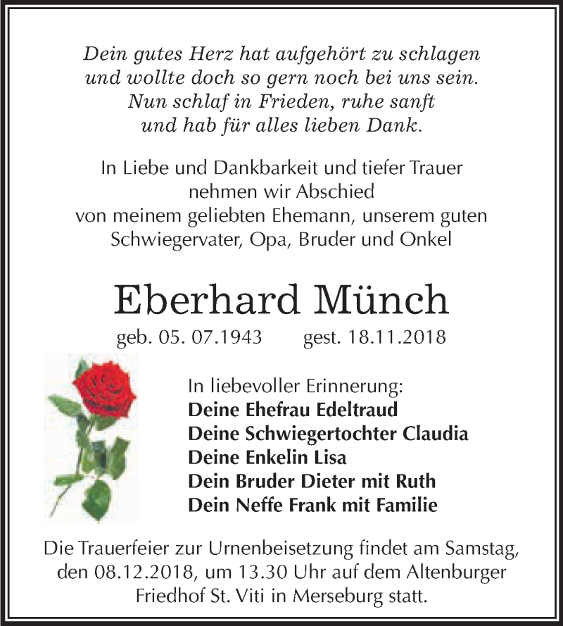  Traueranzeige für Eberhard Münch vom 01.12.2018 aus WVG - Wochenspiegel Merseburg