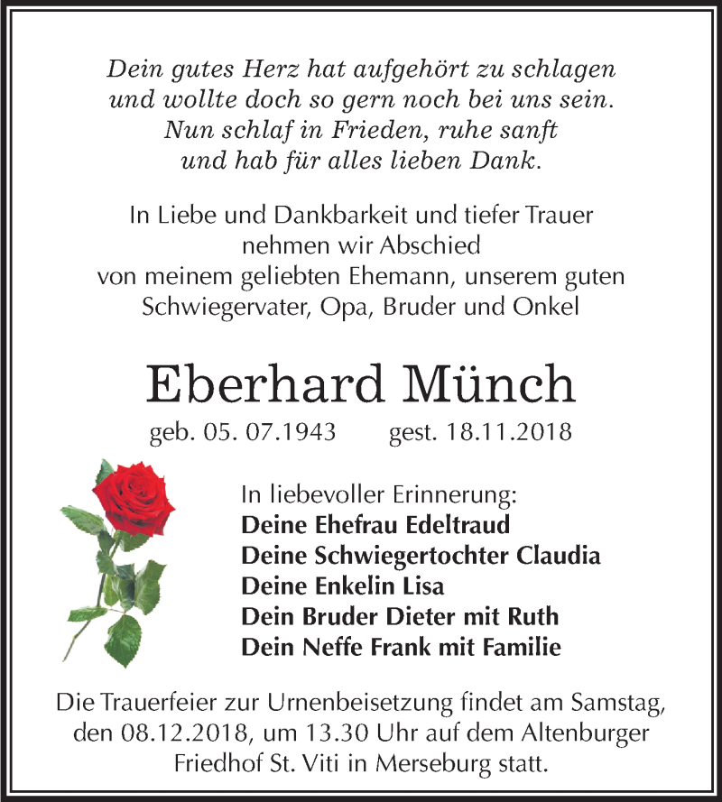  Traueranzeige für Eberhard Münch vom 01.12.2018 aus Mitteldeutsche Zeitung Merseburg/Querfurt
