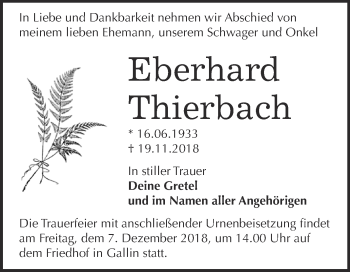 Traueranzeige von Eberhard Thierbach von WVG - Wochenspiegel Wittenberg