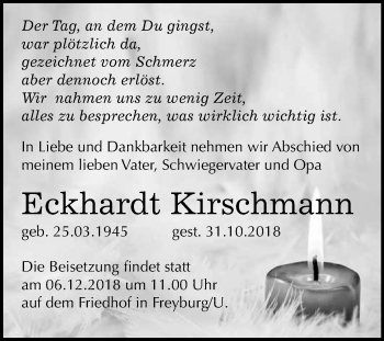 Traueranzeige von Eckhardt Kirschmann von WVG - Wochenspiegel NMB / WSF / ZTZ