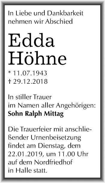 Traueranzeige von Edda Höhne von Mitteldeutsche Zeitung Halle/Saalkreis