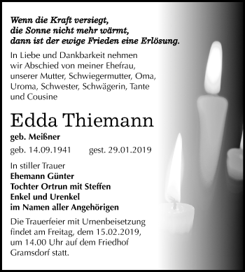 Traueranzeige von Edda Thiemann von Mitteldeutsche Zeitung Bernburg