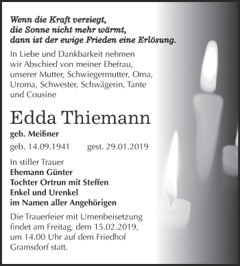 Traueranzeige von Edda Thiemann von Super Sonntag Bernburg