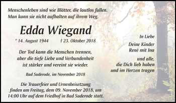Traueranzeige von Edda Wiegand von Mitteldeutsche Zeitung Quedlinburg