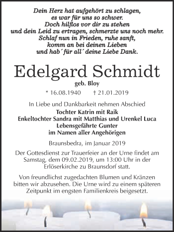 Traueranzeige von Edelgard Schmidt von WVG - Wochenspiegel Merseburg