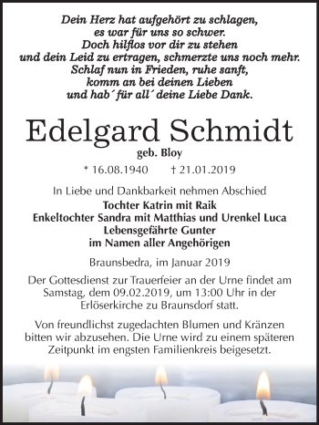 Traueranzeige von Edelgard Schmidt von Mitteldeutsche Zeitung Merseburg/Querfurt
