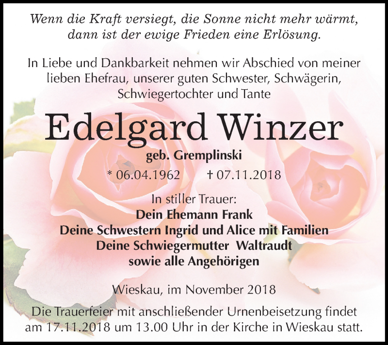  Traueranzeige für Edelgard Winzer vom 10.11.2018 aus Mitteldeutsche Zeitung Köthen