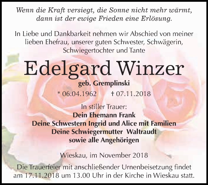  Traueranzeige für Edelgard Winzer vom 10.11.2018 aus WVG - Wochenspiegel Dessau / Köthen