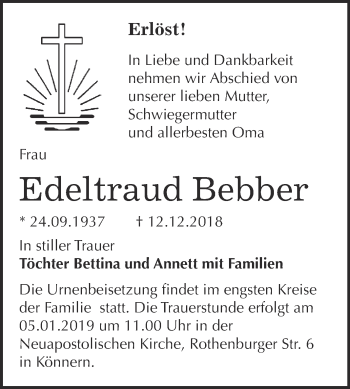 Traueranzeige von Edeltraud Bebber von Super Sonntag Bernburg