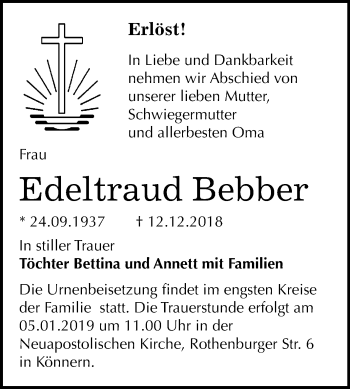 Traueranzeige von Edeltraud Bebber von Mitteldeutsche Zeitung Bernburg