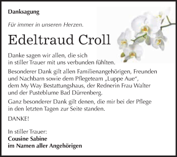 Traueranzeige von Edeltraud Croll von WVG - Wochenspiegel Merseburg