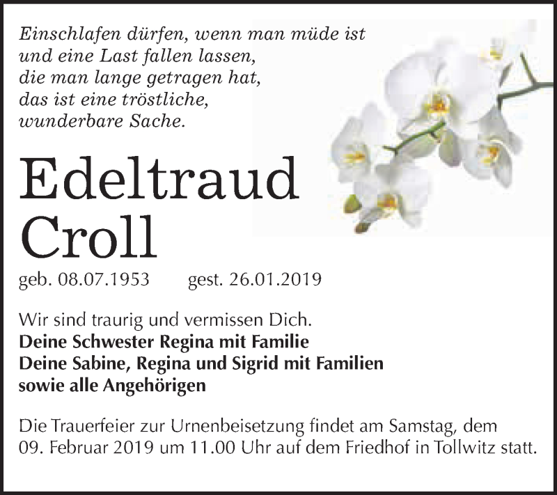  Traueranzeige für Edeltraud Croll vom 02.02.2019 aus WVG - Wochenspiegel Merseburg