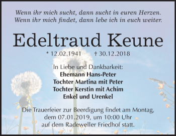 Traueranzeige von Edeltraud Keune von Mitteldeutsche Zeitung Halle/Saalkreis