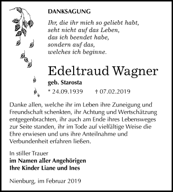 Traueranzeige von Edeltraud Wagner von Mitteldeutsche Zeitung Bernburg