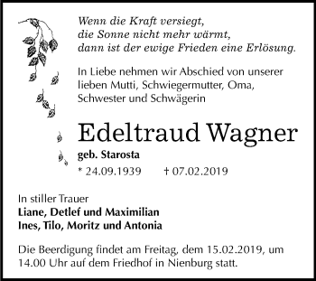 Traueranzeige von Edeltraud Wagner von Mitteldeutsche Zeitung Bernburg