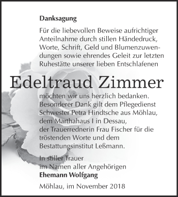 Traueranzeige von Edeltraud Zimmer von WVG - Wochenspiegel Wittenberg
