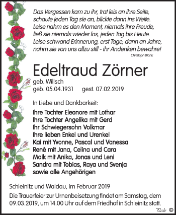 Traueranzeige von Edeltraud Zörner von Mitteldeutsche Zeitung Zeitz