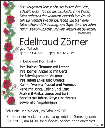 Traueranzeige von Edeltraud Zörner von WVG - Wochenspiegel NMB / WSF / ZTZ