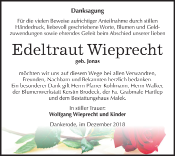 Traueranzeige von Edeltraut Wieprecht von Mitteldeutsche Zeitung Quedlinburg
