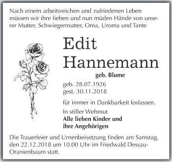 Traueranzeige von Edit Hannemann von WVG - Wochenspiegel Dessau / Köthen