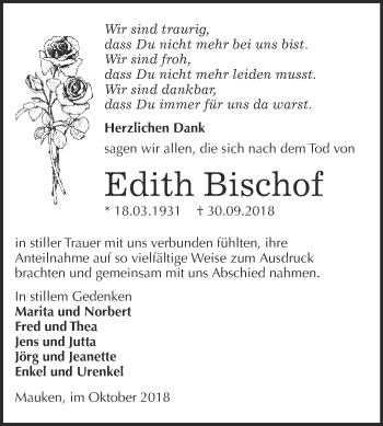 Traueranzeige von Edith Bischof von WVG - Wochenspiegel Wittenberg