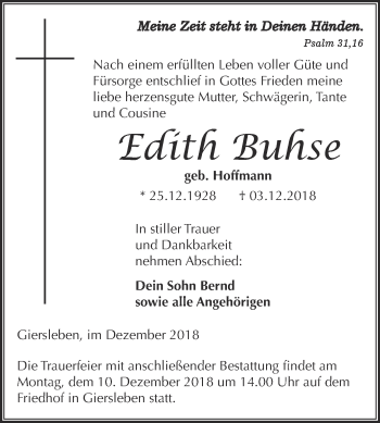Traueranzeige von Edith Buhse von Super Sonntag Aschersleben