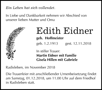 Traueranzeige von Edith Eidner von WVG - Wochenspiegel Quedlinburg