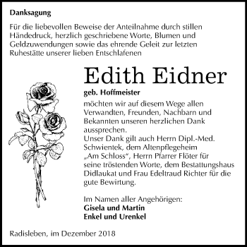 Traueranzeige von Edith Eidner von WVG - Wochenspiegel Quedlinburg