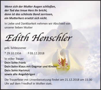 Traueranzeige von Edith Henschler von WVG - Wochenspiegel Bitterfeld