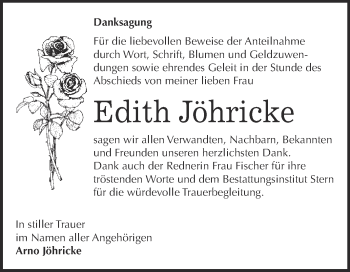 Traueranzeige von Edith Jöhricke von Super Sonntag Wittenberg