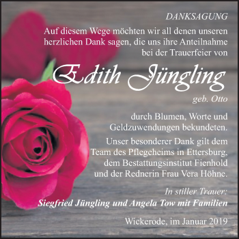 Traueranzeige von Edith Jüngling von Mitteldeutsche Zeitung Sangerhausen