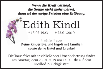 Traueranzeige von Edith Kindl von WVG - Wochenspiegel Dessau / Köthen