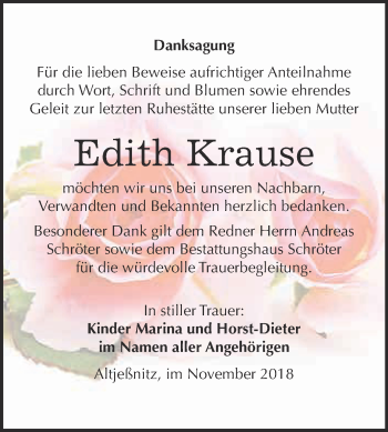 Traueranzeige von Edith Krause von WVG - Wochenspiegel Bitterfeld