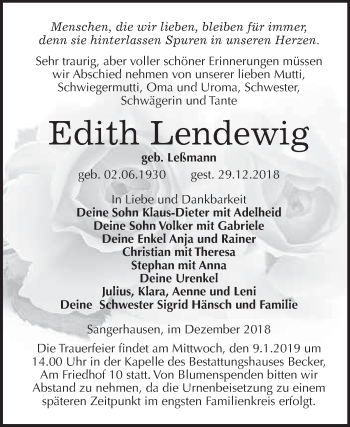 Traueranzeige von Edith Lendewig von Super Sonntag SGH Mansf. Land